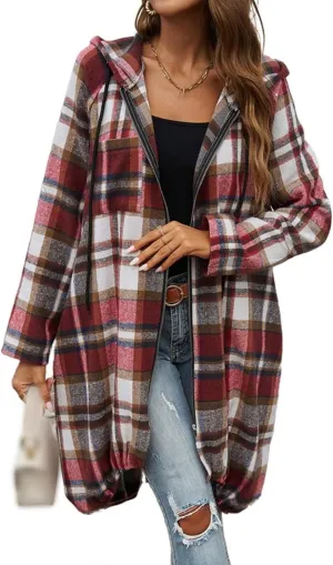 Womens Plaid Shacket Color Block Long Jacket Casual Zip Up Hoodies Oversized Plaid Shirts Fall Fashion Outwear