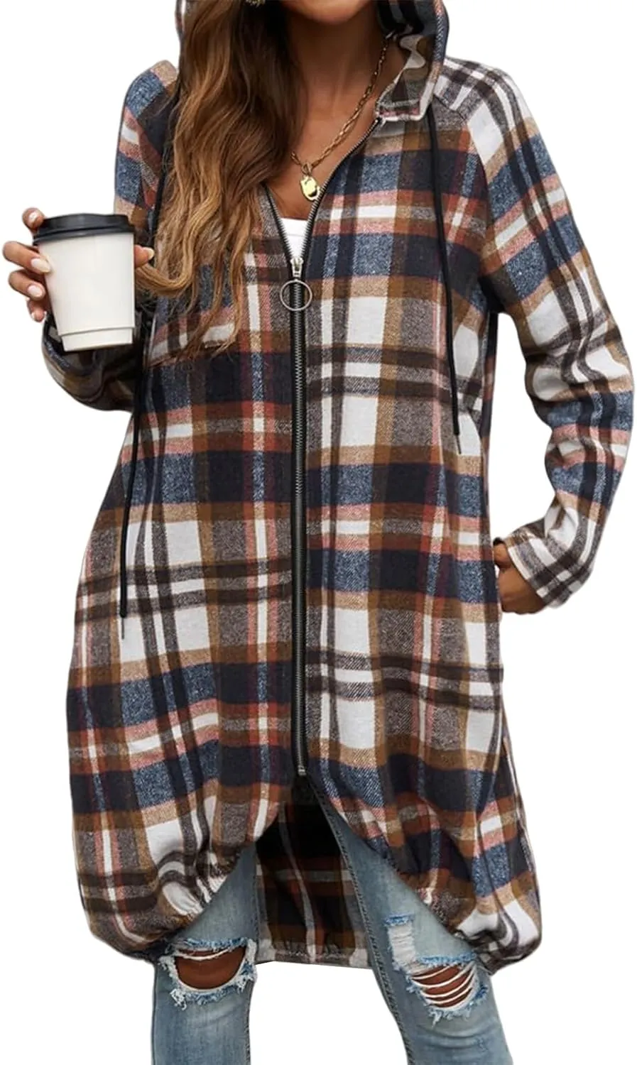 Womens Plaid Shacket Color Block Long Jacket Casual Zip Up Hoodies Oversized Plaid Shirts Fall Fashion Outwear