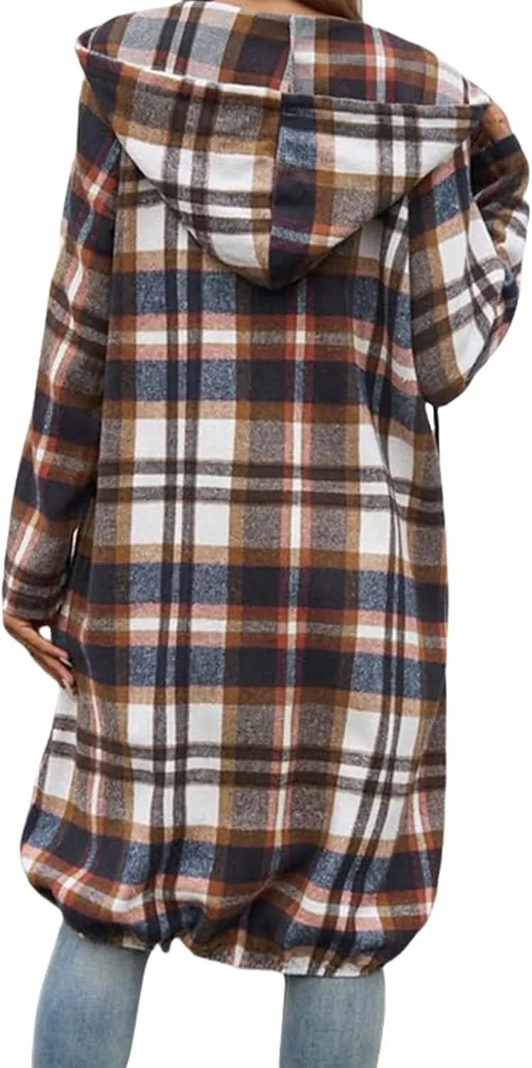 Womens Plaid Shacket Color Block Long Jacket Casual Zip Up Hoodies Oversized Plaid Shirts Fall Fashion Outwear