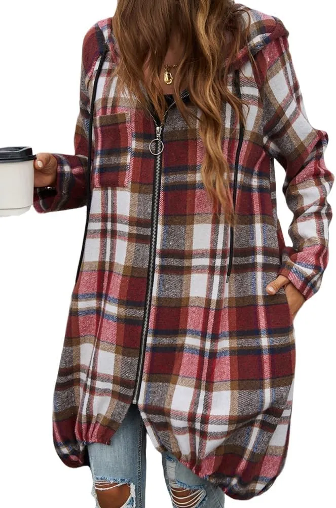Womens Plaid Shacket Color Block Long Jacket Casual Zip Up Hoodies Oversized Plaid Shirts Fall Fashion Outwear