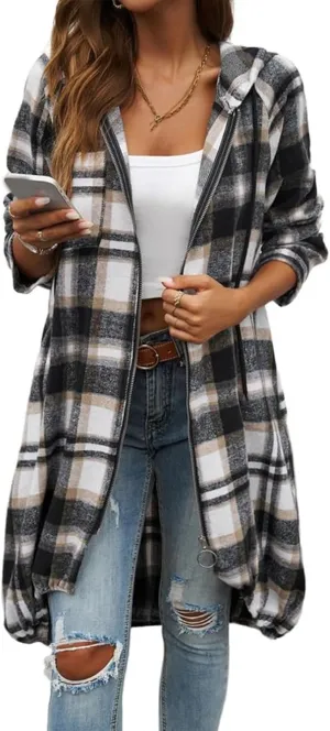Womens Plaid Shacket Color Block Long Jacket Casual Zip Up Hoodies Oversized Plaid Shirts Fall Fashion Outwear