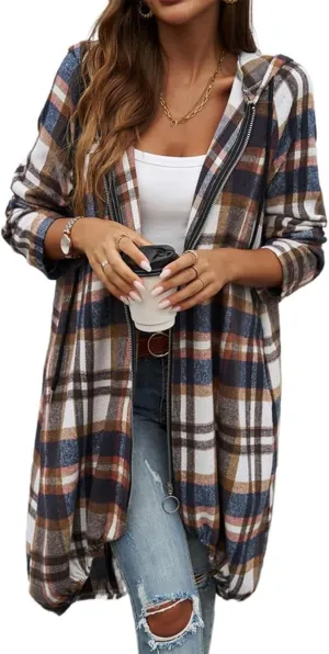 Womens Plaid Shacket Color Block Long Jacket Casual Zip Up Hoodies Oversized Plaid Shirts Fall Fashion Outwear