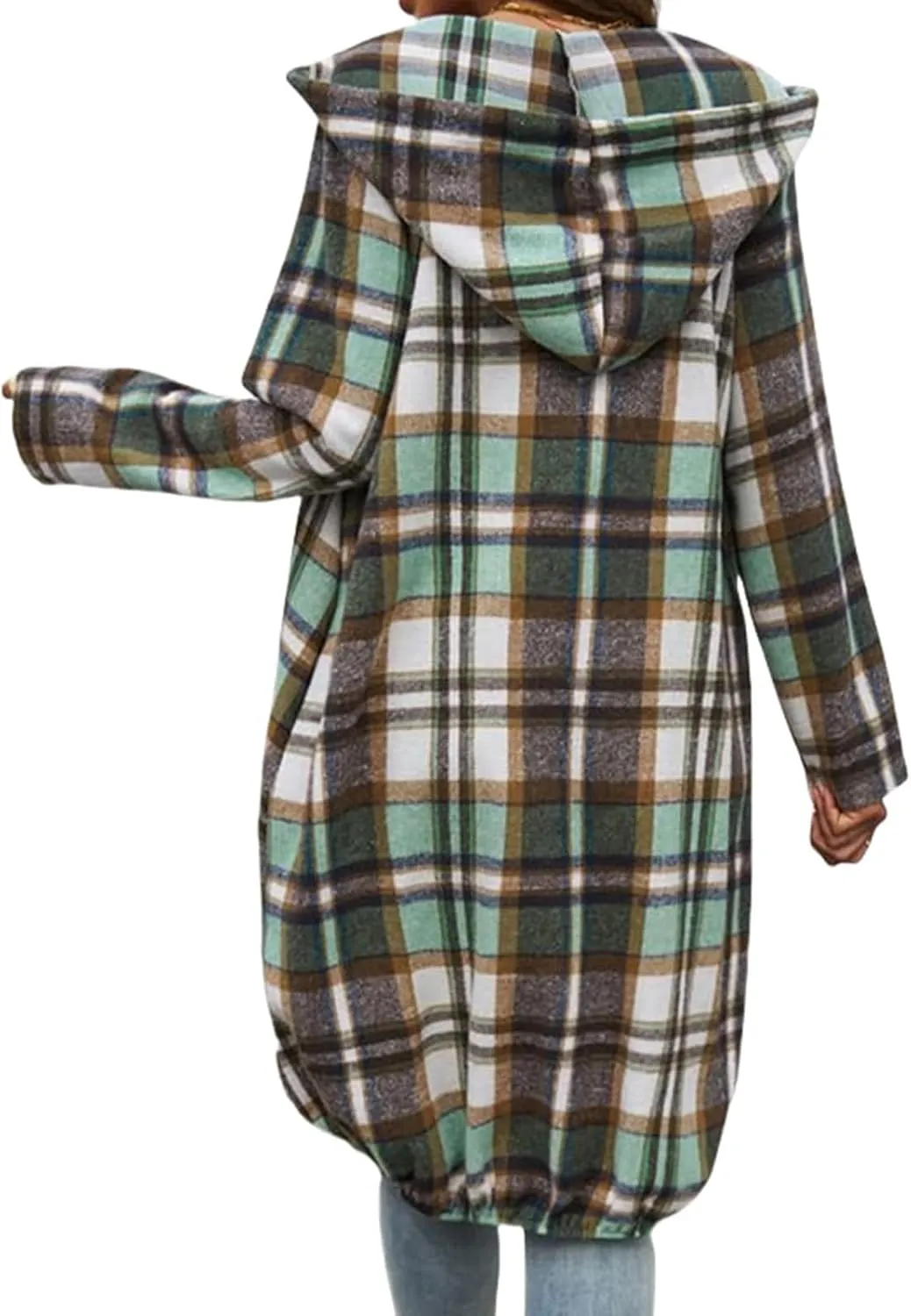 Womens Plaid Shacket Color Block Long Jacket Casual Zip Up Hoodies Oversized Plaid Shirts Fall Fashion Outwear