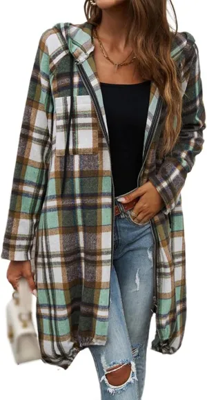 Womens Plaid Shacket Color Block Long Jacket Casual Zip Up Hoodies Oversized Plaid Shirts Fall Fashion Outwear