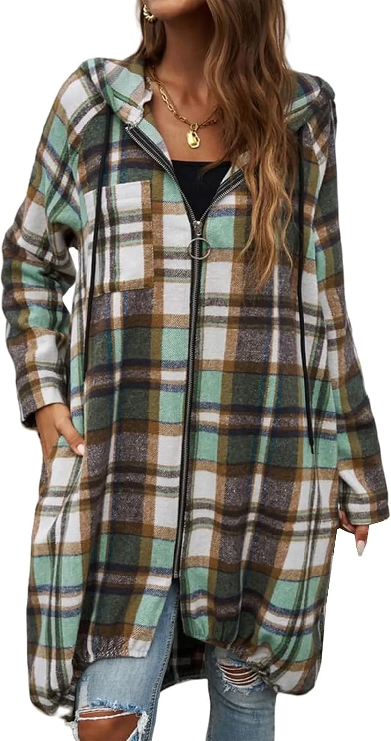 Womens Plaid Shacket Color Block Long Jacket Casual Zip Up Hoodies Oversized Plaid Shirts Fall Fashion Outwear