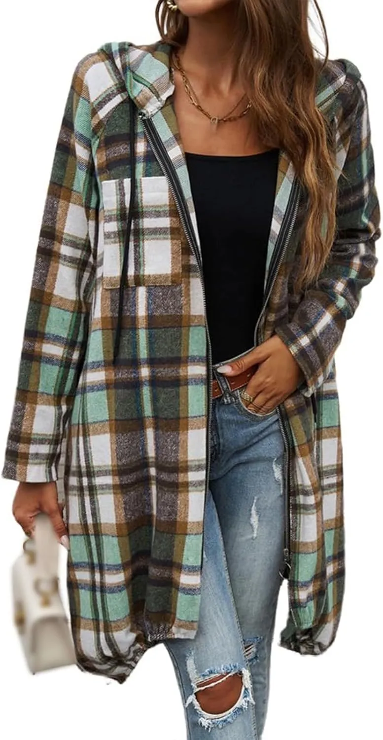 Womens Plaid Shacket Color Block Long Jacket Casual Zip Up Hoodies Oversized Plaid Shirts Fall Fashion Outwear
