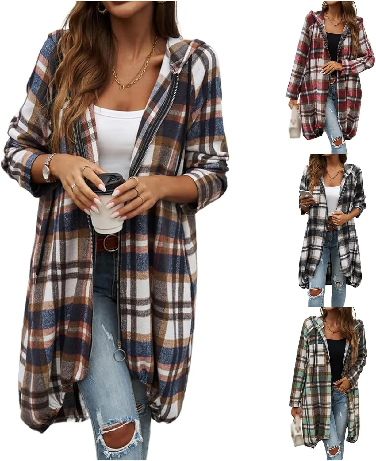 Womens Plaid Shacket Color Block Long Jacket Casual Zip Up Hoodies Oversized Plaid Shirts Fall Fashion Outwear