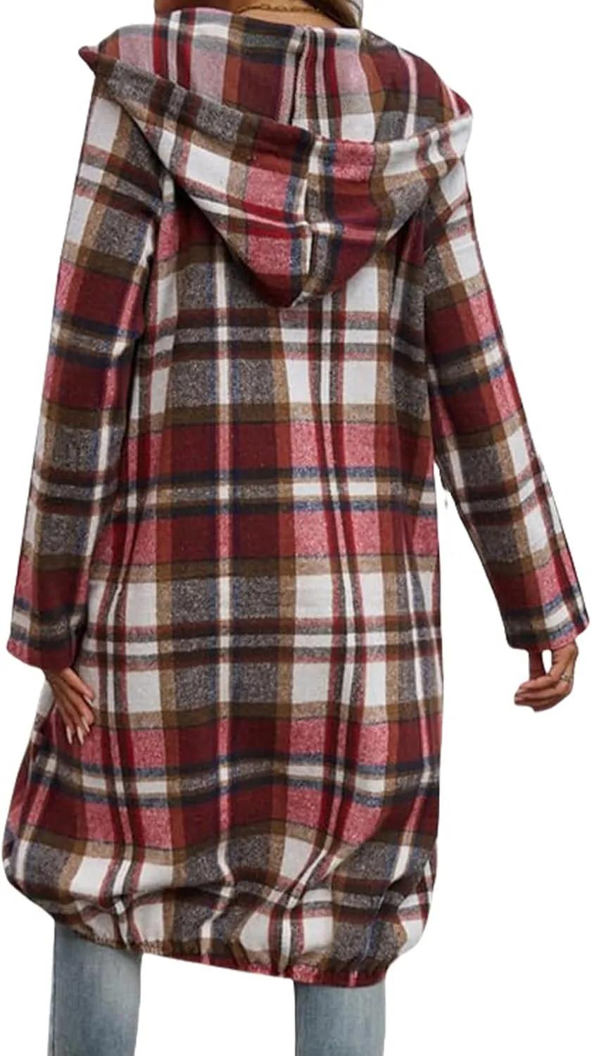 Womens Plaid Shacket Color Block Long Jacket Casual Zip Up Hoodies Oversized Plaid Shirts Fall Fashion Outwear