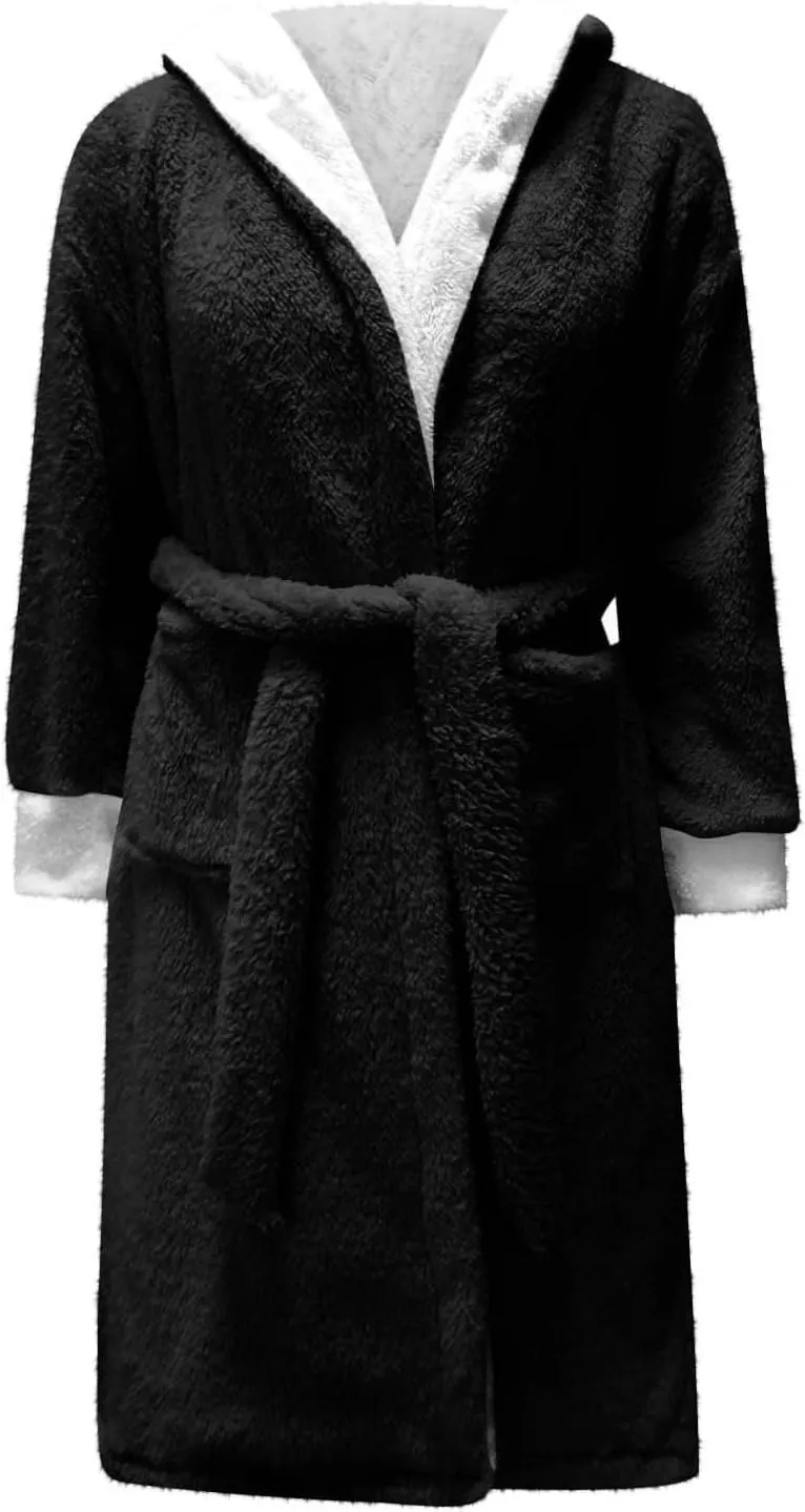 Womens Plush Hooded Robe, Soft Fluffy Fleece Robe Long Warm Belted Bathrobes Full Length Lightweight Loungewear