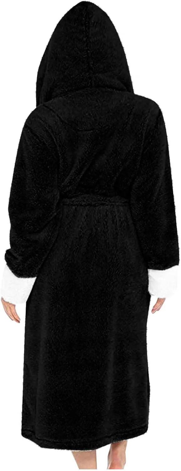 Womens Plush Hooded Robe, Soft Fluffy Fleece Robe Long Warm Belted Bathrobes Full Length Lightweight Loungewear