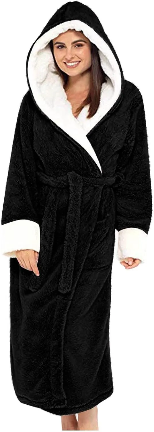 Womens Plush Hooded Robe, Soft Fluffy Fleece Robe Long Warm Belted Bathrobes Full Length Lightweight Loungewear