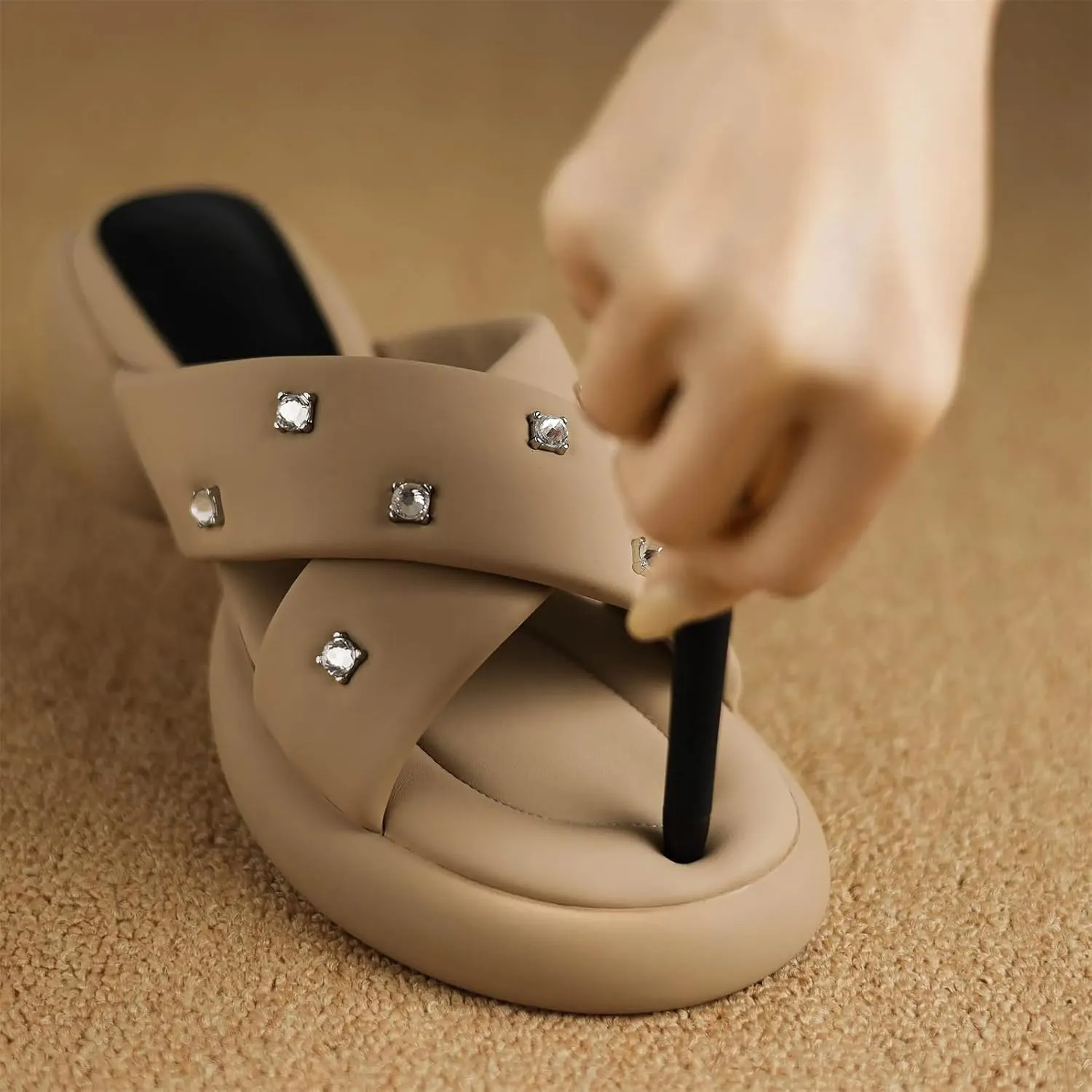 Women's Rhinestone Med Heel Mules - Slip-On Summer Dignified Elegance Casual Platform
