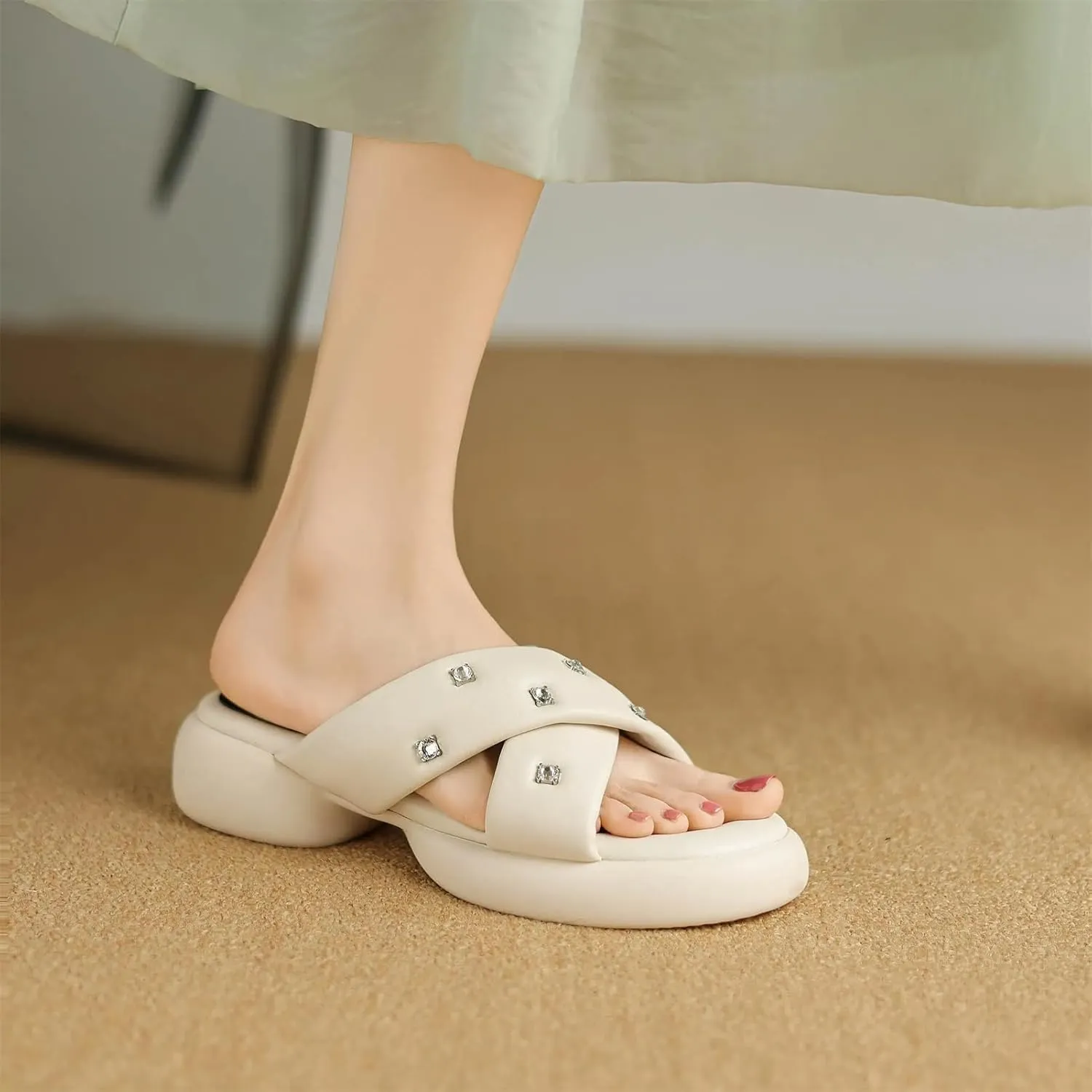 Women's Rhinestone Med Heel Mules - Slip-On Summer Dignified Elegance Casual Platform