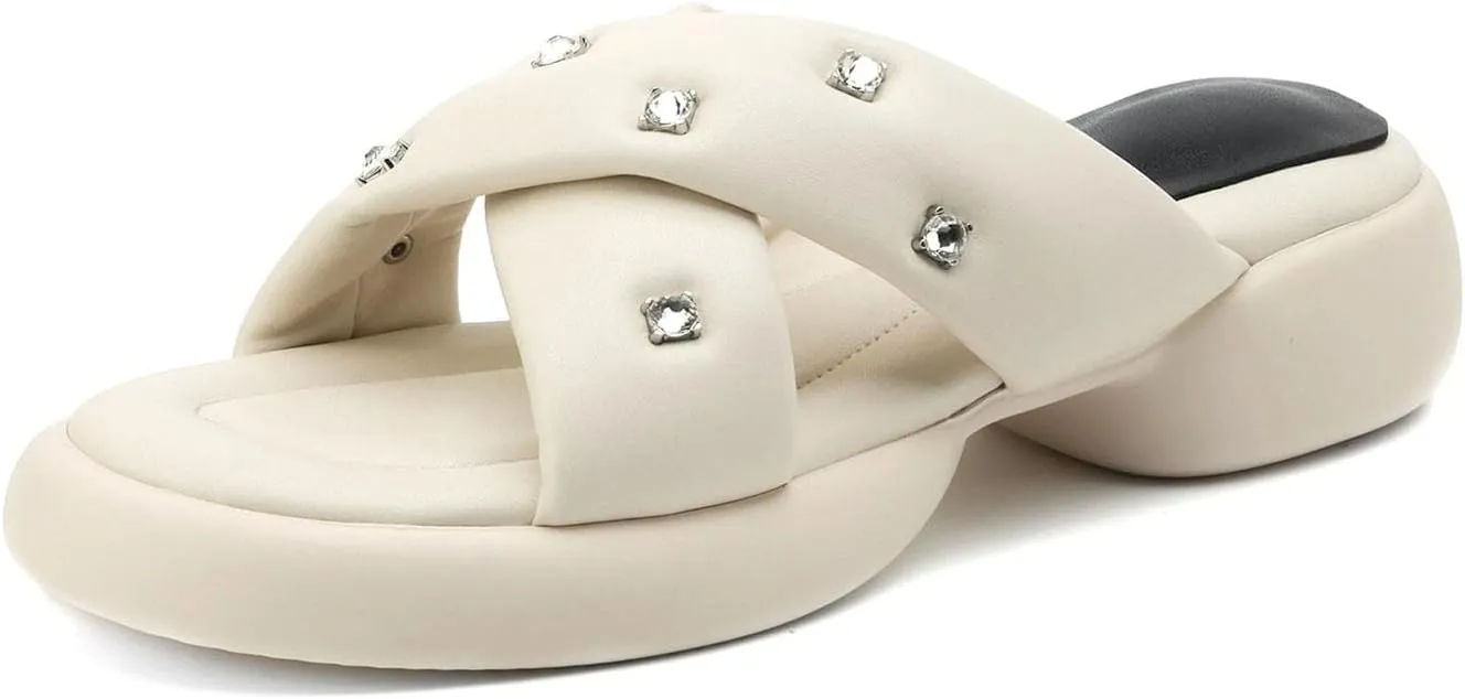 Women's Rhinestone Med Heel Mules - Slip-On Summer Dignified Elegance Casual Platform