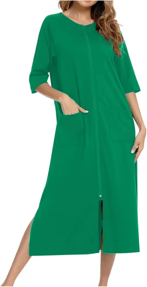 Womens Robes Lightweight 3/4 Sleeve Bathrobe Zipper Front Housecoat Full Length Nightgowns Comfy Nightwear Dress
