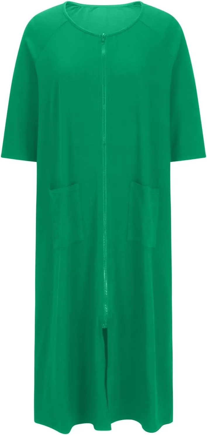Womens Robes Lightweight 3/4 Sleeve Bathrobe Zipper Front Housecoat Full Length Nightgowns Comfy Nightwear Dress