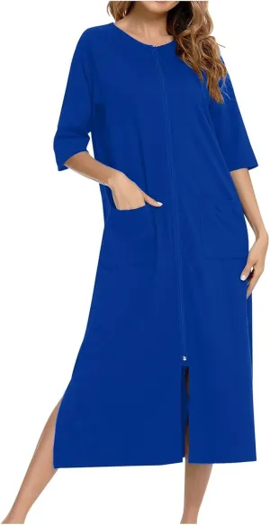 Womens Robes Lightweight 3/4 Sleeve Bathrobe Zipper Front Housecoat Full Length Nightgowns Comfy Nightwear Dress