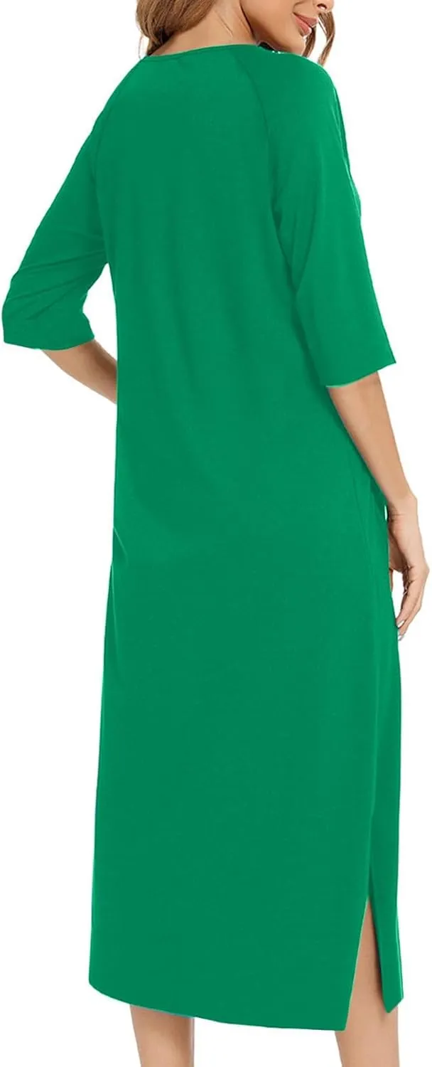 Womens Robes Lightweight 3/4 Sleeve Bathrobe Zipper Front Housecoat Full Length Nightgowns Comfy Nightwear Dress
