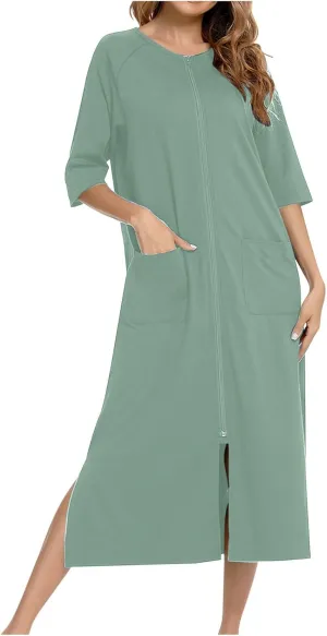 Womens Robes Lightweight 3/4 Sleeve Bathrobe Zipper Front Housecoat Full Length Nightgowns Comfy Nightwear Dress