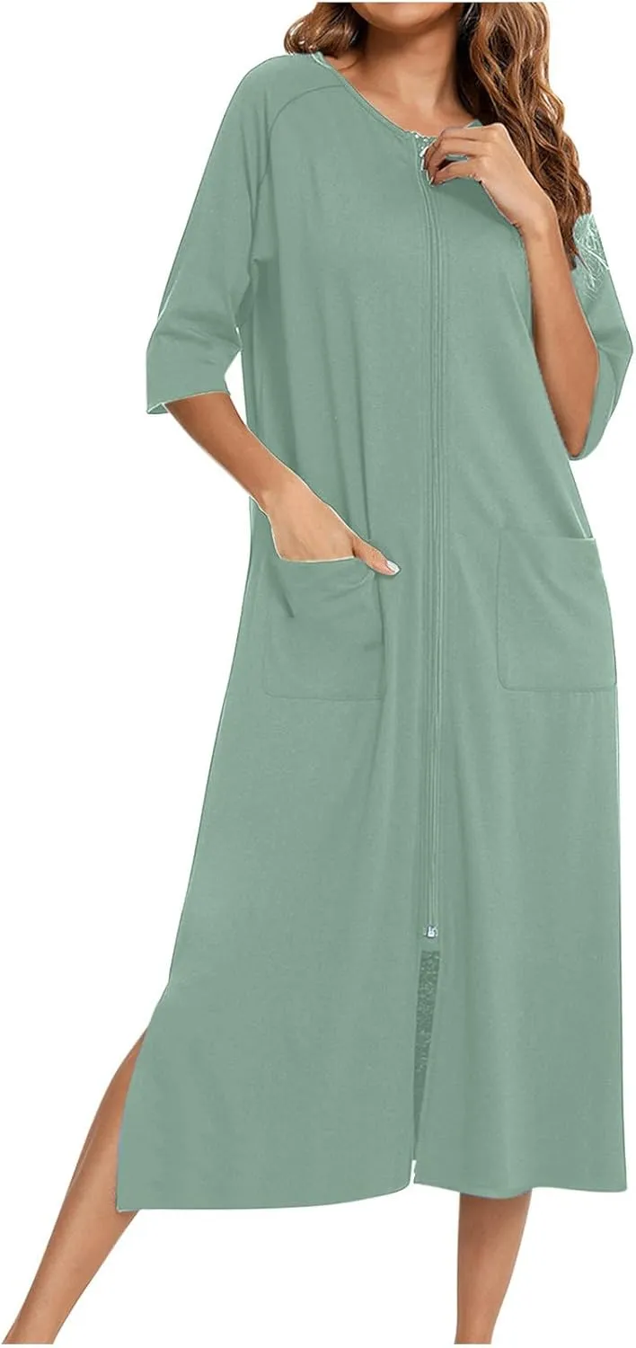 Womens Robes Lightweight 3/4 Sleeve Bathrobe Zipper Front Housecoat Full Length Nightgowns Comfy Nightwear Dress