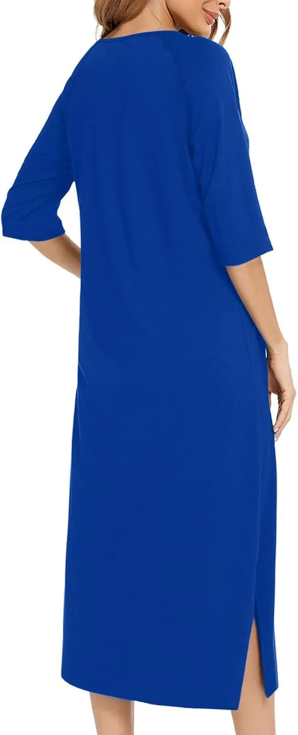 Womens Robes Lightweight 3/4 Sleeve Bathrobe Zipper Front Housecoat Full Length Nightgowns Comfy Nightwear Dress