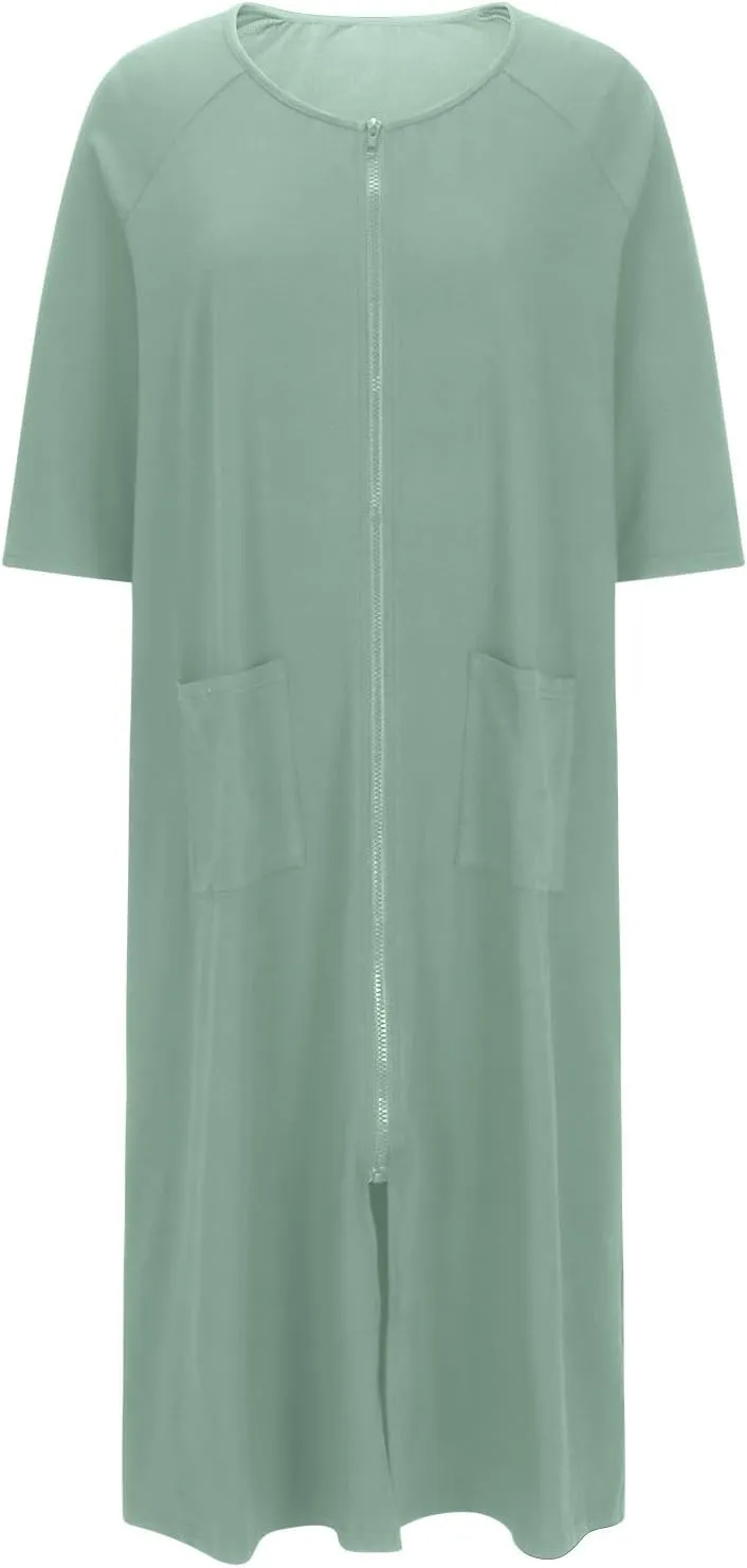 Womens Robes Lightweight 3/4 Sleeve Bathrobe Zipper Front Housecoat Full Length Nightgowns Comfy Nightwear Dress