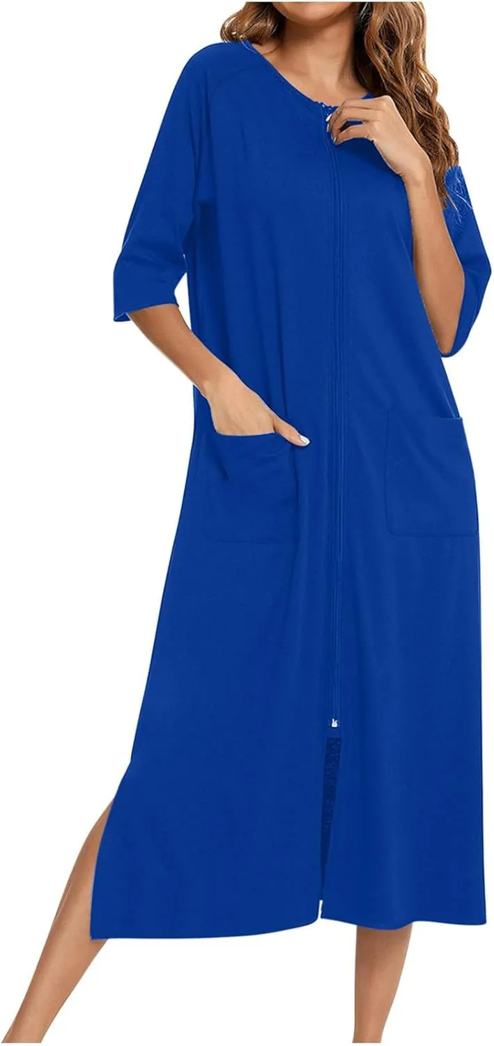 Womens Robes Lightweight 3/4 Sleeve Bathrobe Zipper Front Housecoat Full Length Nightgowns Comfy Nightwear Dress