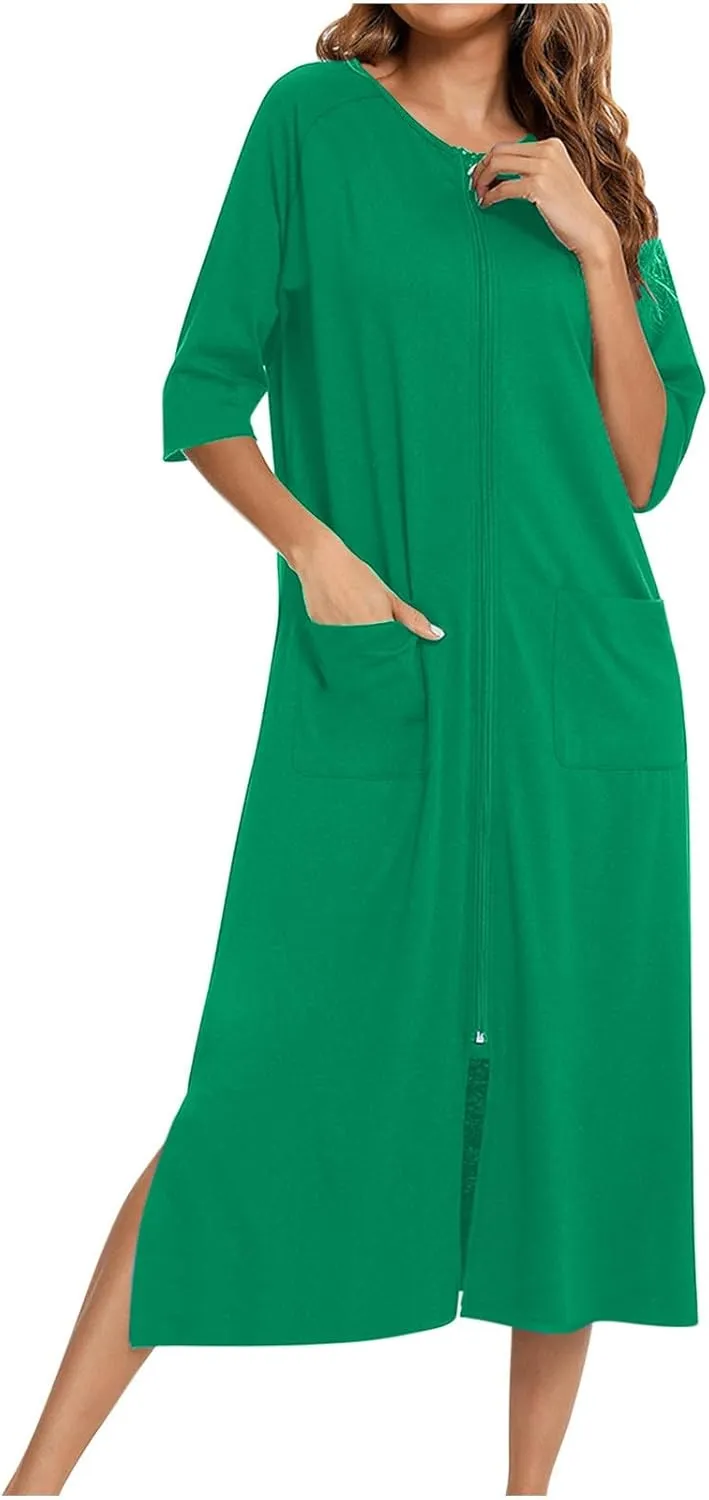Womens Robes Lightweight 3/4 Sleeve Bathrobe Zipper Front Housecoat Full Length Nightgowns Comfy Nightwear Dress