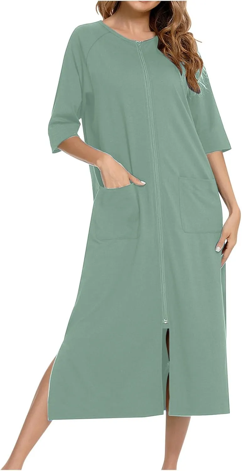 Womens Robes Lightweight 3/4 Sleeve Bathrobe Zipper Front Housecoat Full Length Nightgowns Comfy Nightwear Dress