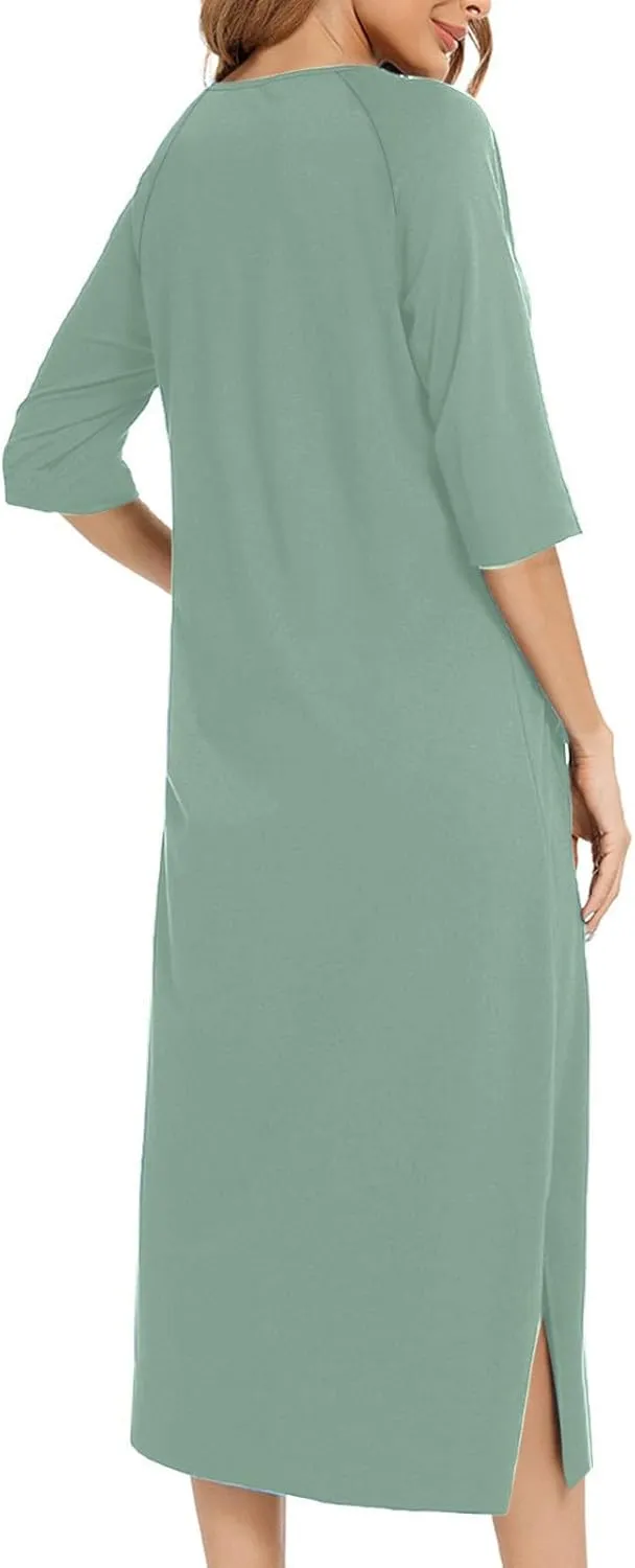 Womens Robes Lightweight 3/4 Sleeve Bathrobe Zipper Front Housecoat Full Length Nightgowns Comfy Nightwear Dress