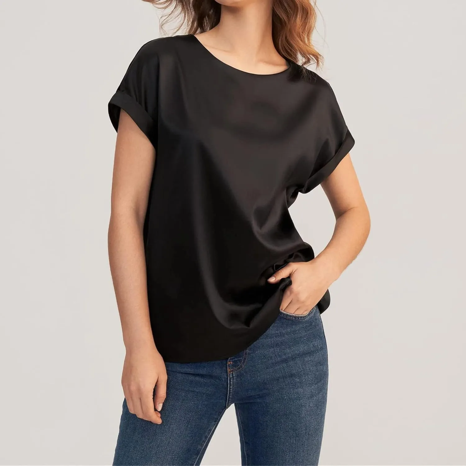 Women's Satin Short Sleeve Tops Casual Loose Crewneck Silk Shirts Summer Roll Sleeve Blouse Tunic Tops