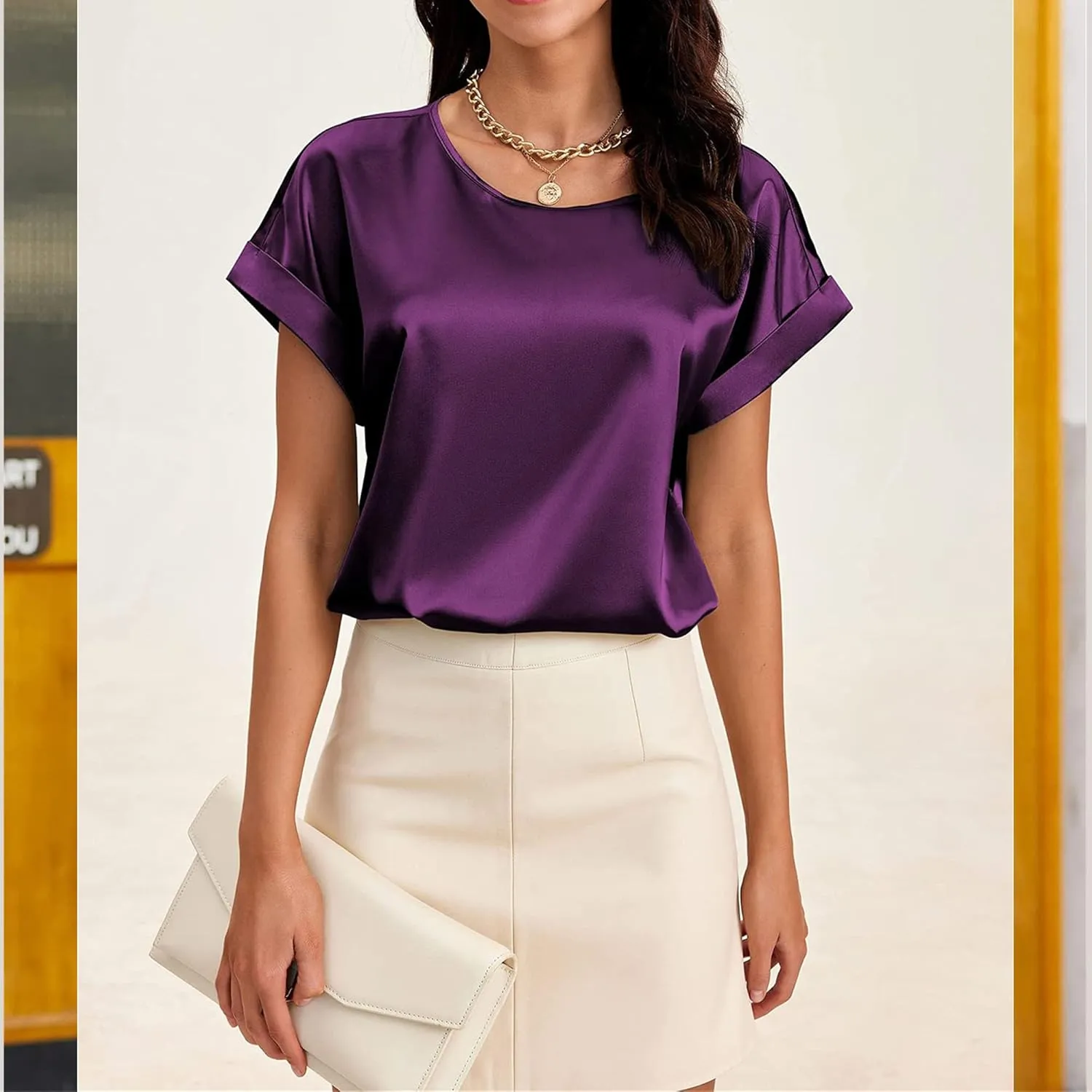 Women's Satin Short Sleeve Tops Casual Loose Crewneck Silk Shirts Summer Roll Sleeve Blouse Tunic Tops