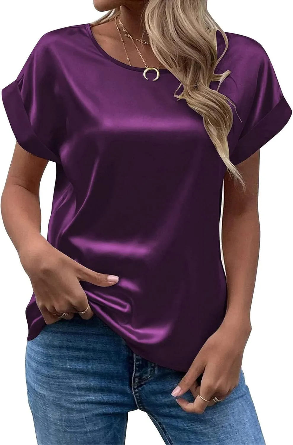 Women's Satin Short Sleeve Tops Casual Loose Crewneck Silk Shirts Summer Roll Sleeve Blouse Tunic Tops