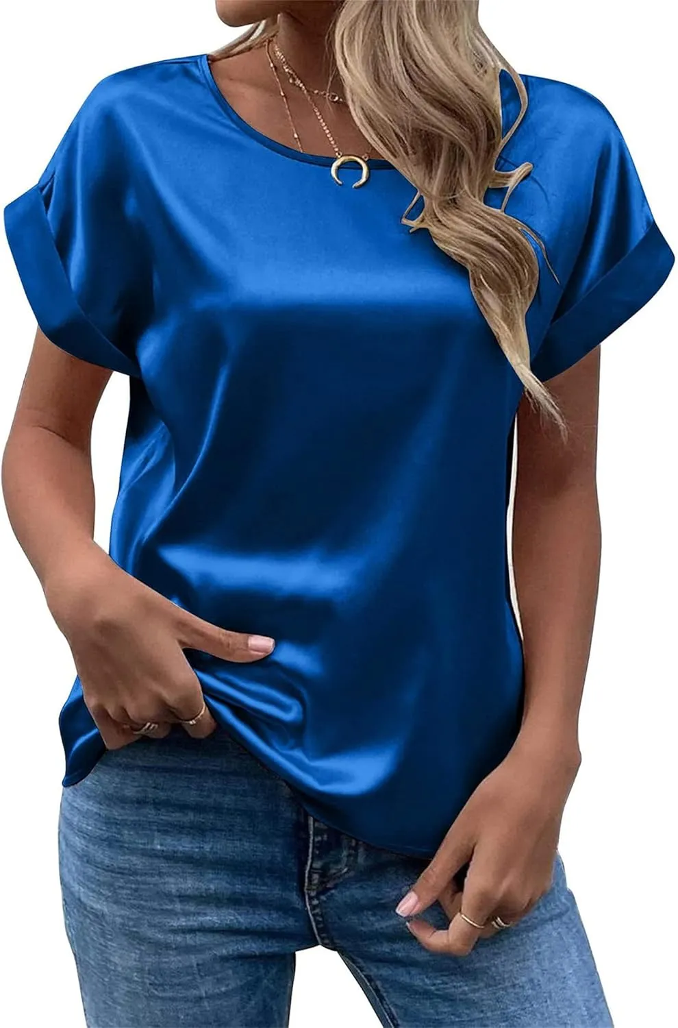 Women's Satin Short Sleeve Tops Casual Loose Crewneck Silk Shirts Summer Roll Sleeve Blouse Tunic Tops