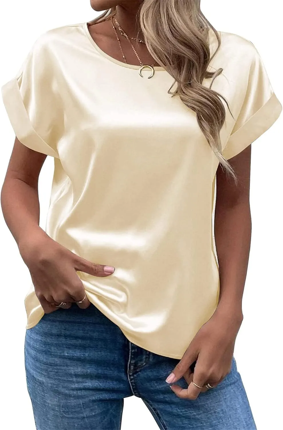 Women's Satin Short Sleeve Tops Casual Loose Crewneck Silk Shirts Summer Roll Sleeve Blouse Tunic Tops