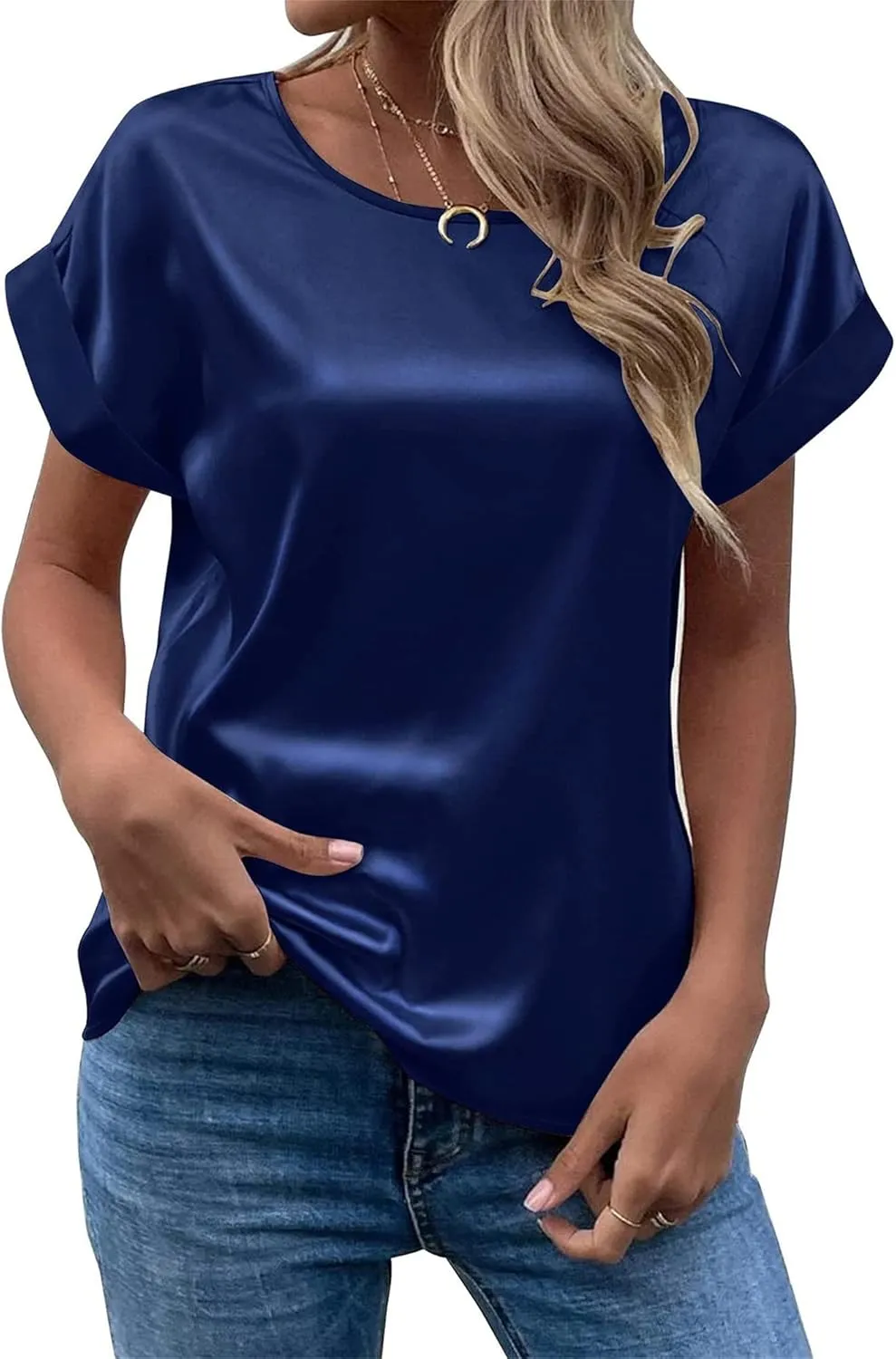 Women's Satin Short Sleeve Tops Casual Loose Crewneck Silk Shirts Summer Roll Sleeve Blouse Tunic Tops