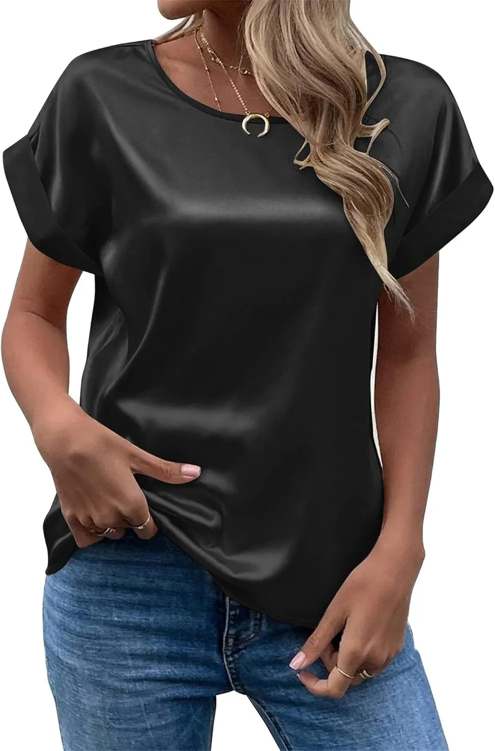 Women's Satin Short Sleeve Tops Casual Loose Crewneck Silk Shirts Summer Roll Sleeve Blouse Tunic Tops