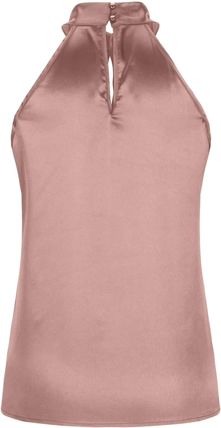 Womens Satin Twist Front Halter Tops Elegant Sleeveless Business Blouse Keyhole Back Tank Top Office Outfits
