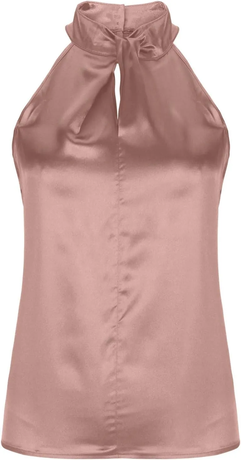 Womens Satin Twist Front Halter Tops Elegant Sleeveless Business Blouse Keyhole Back Tank Top Office Outfits