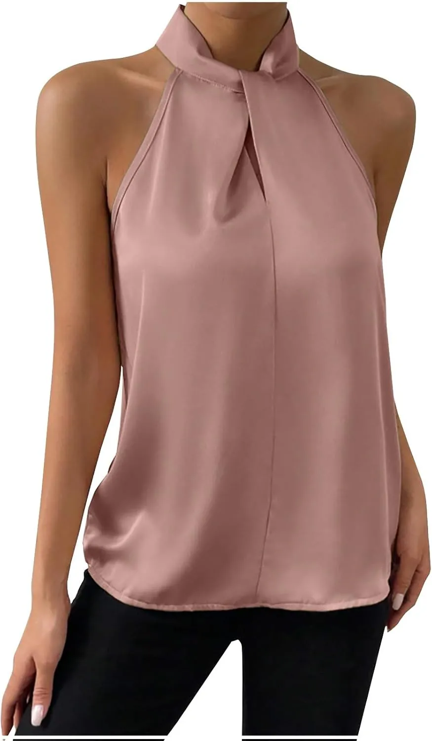 Womens Satin Twist Front Halter Tops Elegant Sleeveless Business Blouse Keyhole Back Tank Top Office Outfits