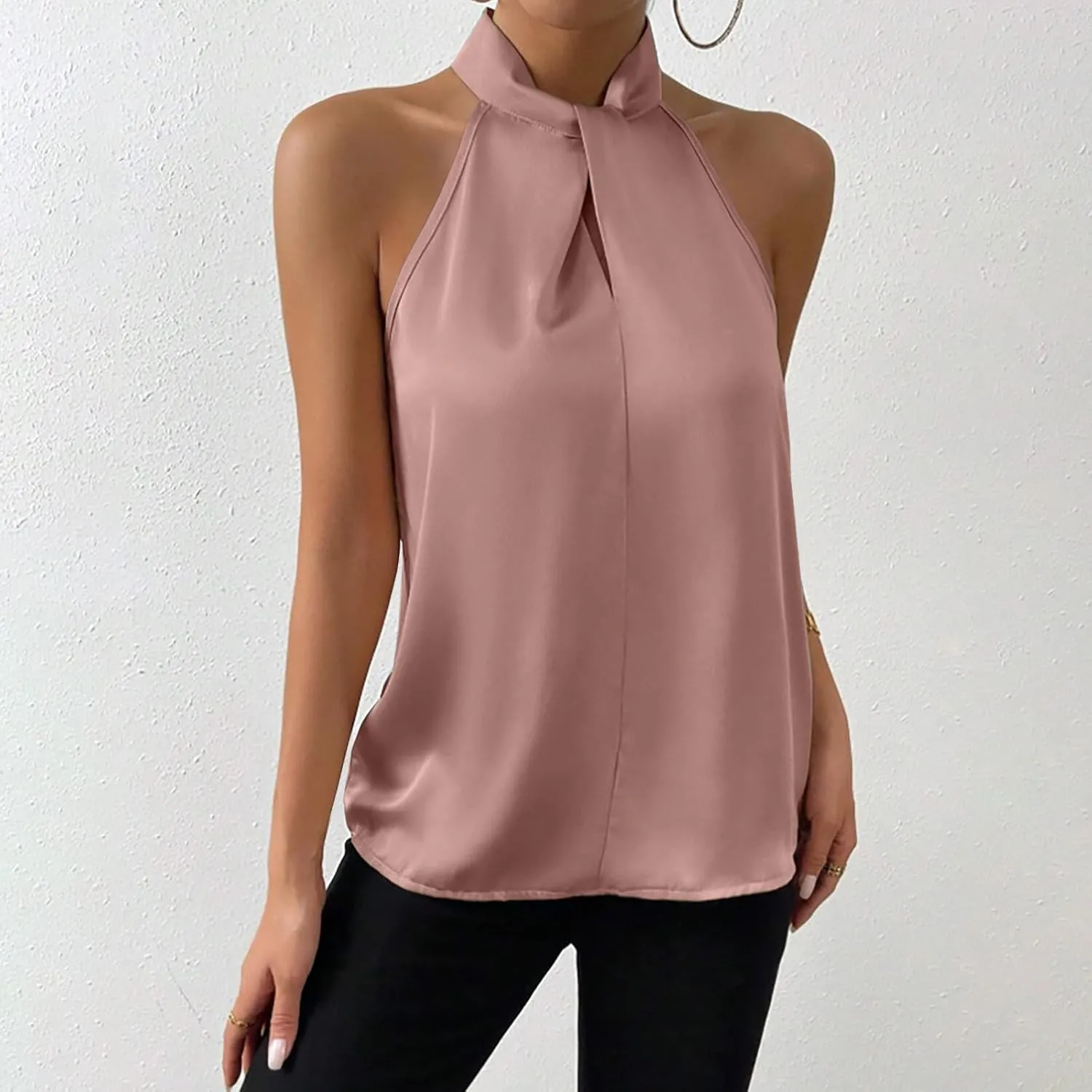 Womens Satin Twist Front Halter Tops Elegant Sleeveless Business Blouse Keyhole Back Tank Top Office Outfits
