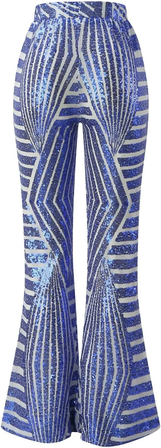 Women's Sequin Flared Pants Sparkly Glitter High Waist Wide Leg Flare Trousers Stretchy Trendy Bell Bottom Night Out Clubwear