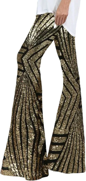 Women's Sequin Flared Pants Sparkly Glitter High Waist Wide Leg Flare Trousers Stretchy Trendy Bell Bottom Night Out Clubwear