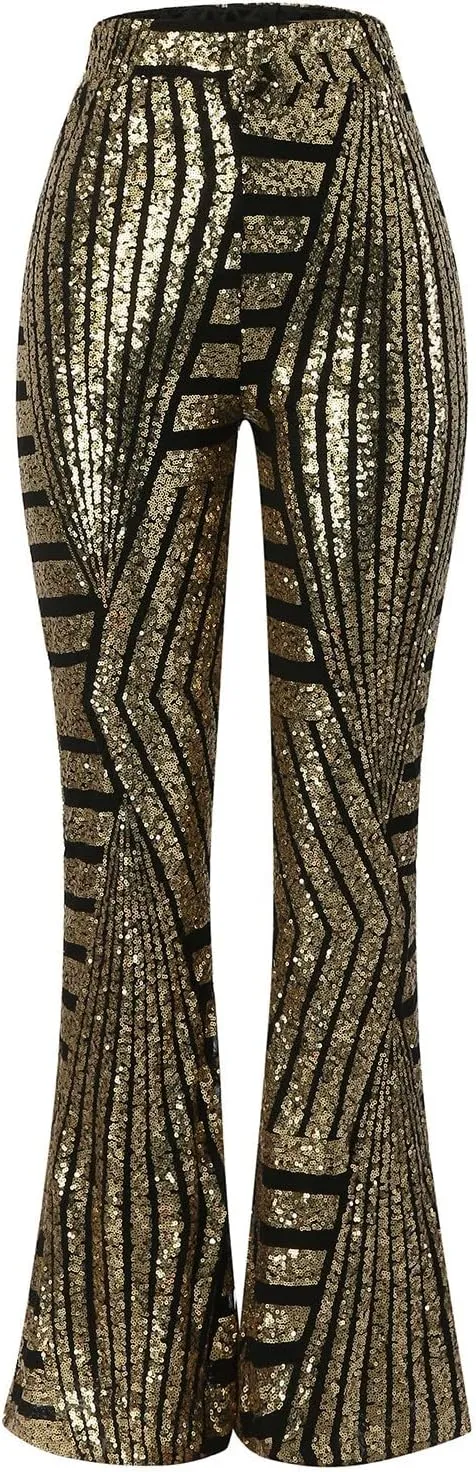 Women's Sequin Flared Pants Sparkly Glitter High Waist Wide Leg Flare Trousers Stretchy Trendy Bell Bottom Night Out Clubwear