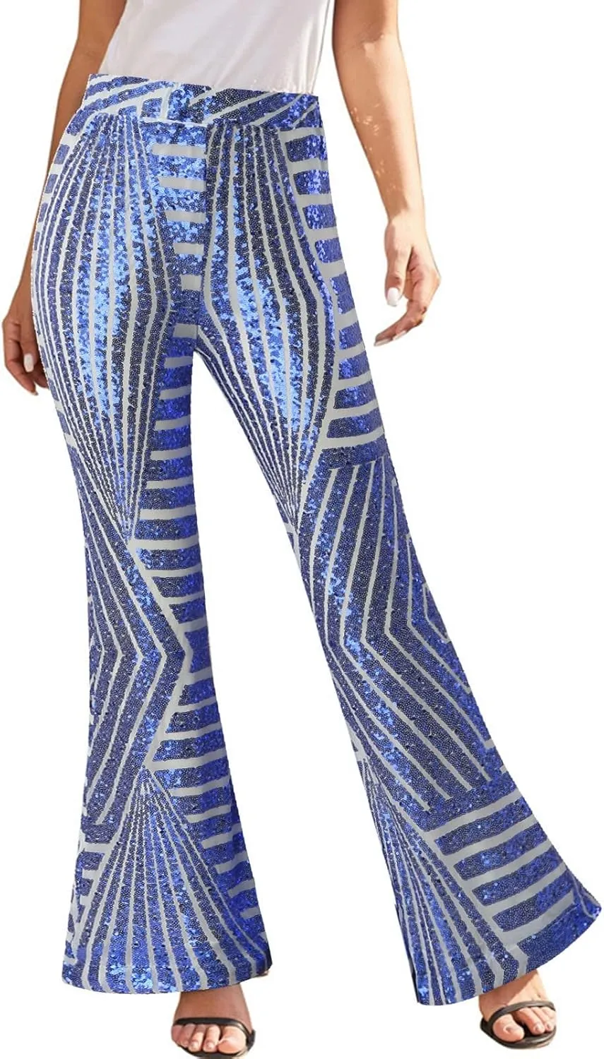 Women's Sequin Flared Pants Sparkly Glitter High Waist Wide Leg Flare Trousers Stretchy Trendy Bell Bottom Night Out Clubwear