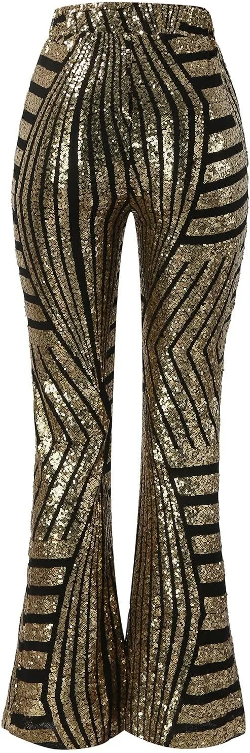 Women's Sequin Flared Pants Sparkly Glitter High Waist Wide Leg Flare Trousers Stretchy Trendy Bell Bottom Night Out Clubwear