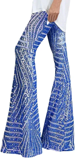 Women's Sequin Flared Pants Sparkly Glitter High Waist Wide Leg Flare Trousers Stretchy Trendy Bell Bottom Night Out Clubwear