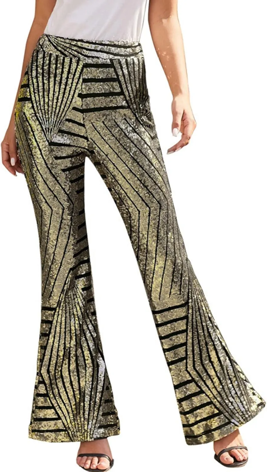 Women's Sequin Flared Pants Sparkly Glitter High Waist Wide Leg Flare Trousers Stretchy Trendy Bell Bottom Night Out Clubwear