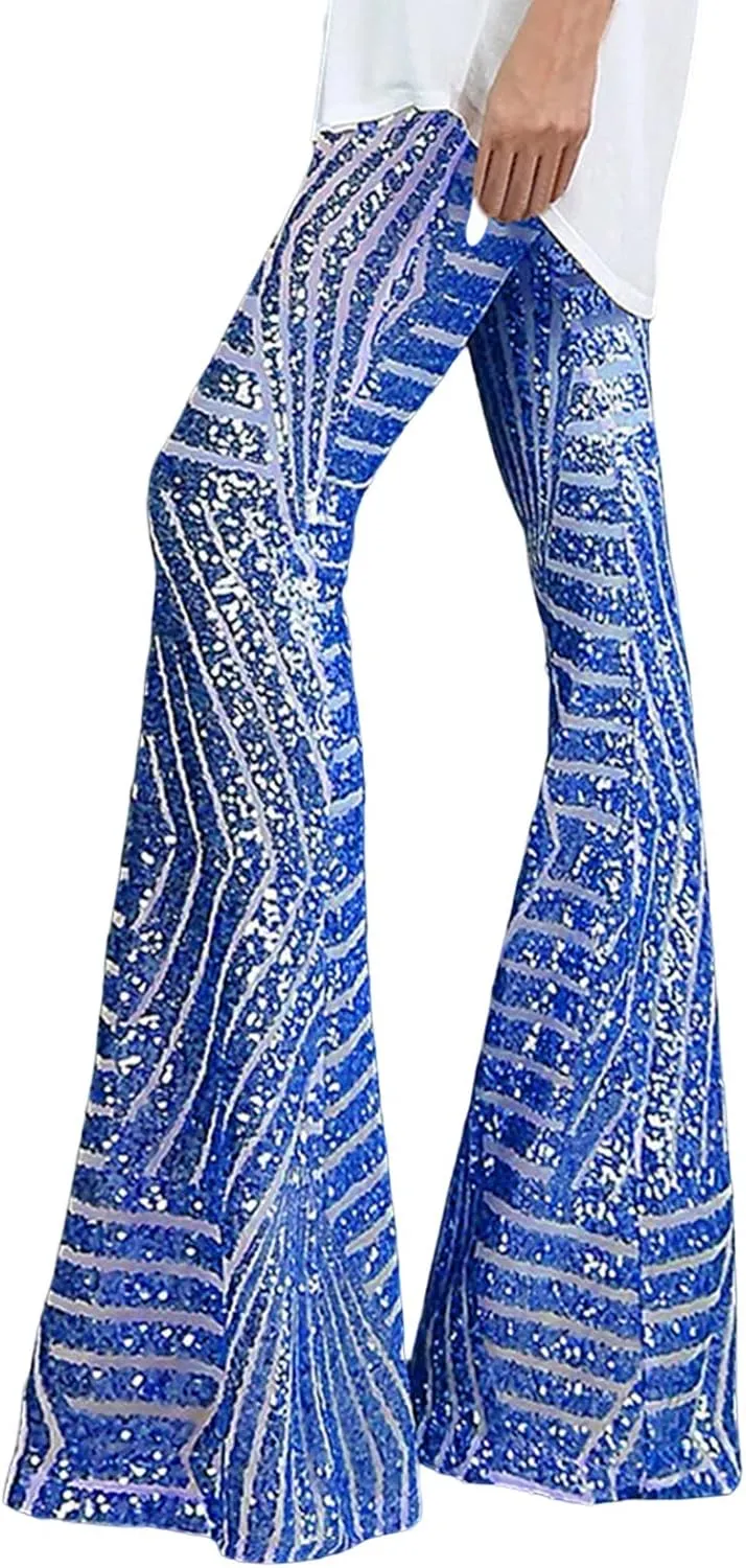 Women's Sequin Flared Pants Sparkly Glitter High Waist Wide Leg Flare Trousers Stretchy Trendy Bell Bottom Night Out Clubwear