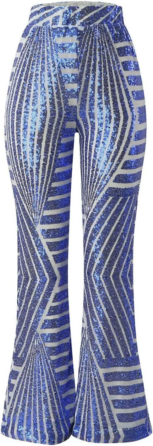 Women's Sequin Flared Pants Sparkly Glitter High Waist Wide Leg Flare Trousers Stretchy Trendy Bell Bottom Night Out Clubwear